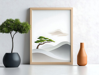 Minimalist artwork featuring a tree on a serene landscape indoor space wall decor modern aesthetic calm environment nature concept for home and office inspiration