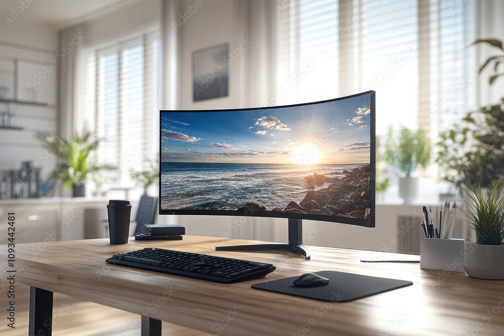 Poster a modern workspace featuring a curved monitor displaying a scenic ocean view.