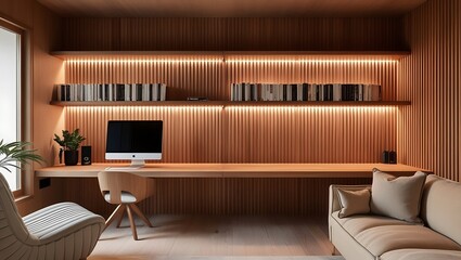 Modern Minimalist Home Office with Wooden Desk, Cozy Seating, and Soft Lighting