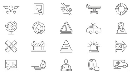 Emergency line icon set. Accidents, natural disasters, rescue services, exit, hospital, lifebuoy, accident, evacuation, ambulance, help, hotline line icon set. Ui thin line icon pack.