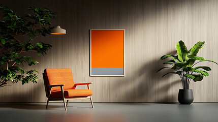 Stylish chair with orange accent modern living room interior design minimalist environment wide angle view home decor inspiration for contemporary spaces