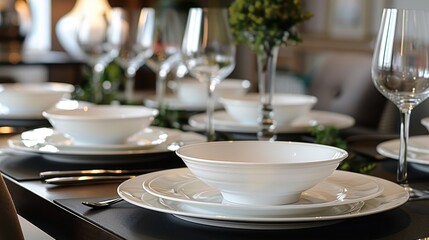Elegant dining table set with white dishes and fine glassware, perfect for a special occasion. Generative AI