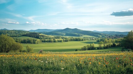 Rolling Hills Landscape With Wildflower Meadow