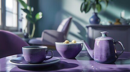 Fototapeta premium A purple dining set with a main pot of java and a snack dish set behind it
