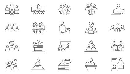 Metting line icon set. Audit, analysis, plan, evaluation, result, testing, appraisal, examination, measurement, review, judgment, diagnosis line icon set. UI thin line icon pack.