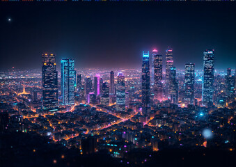 Fototapeta premium Stunning night cityscape with illuminated skyscrapers and vibrant lights, showcasing urban life and energy 