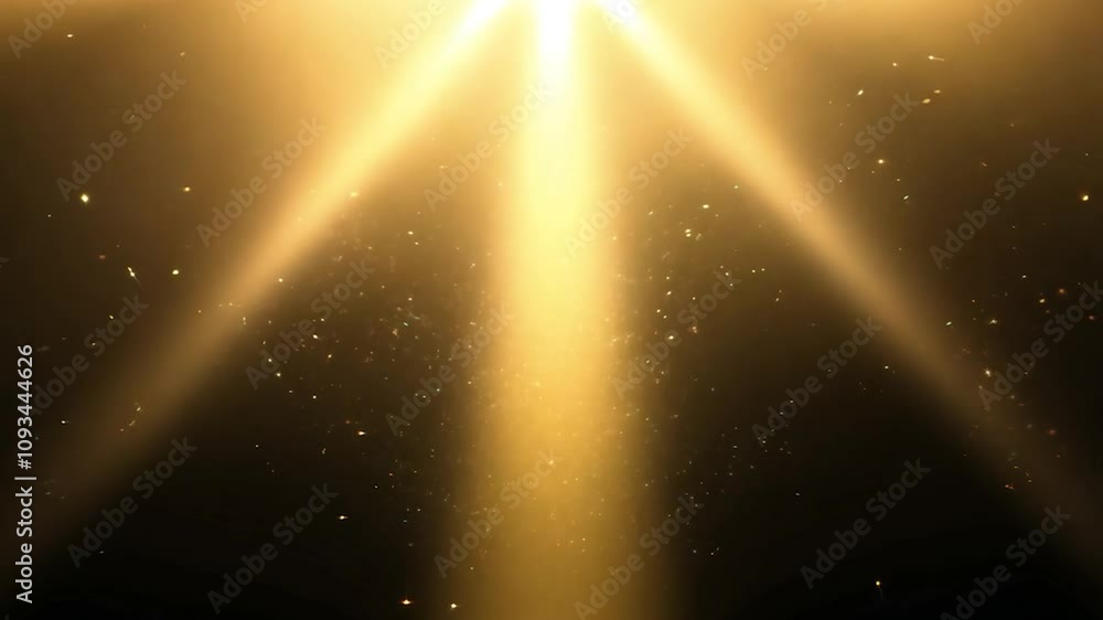 Poster golden light beams shine against a black background, accompanied by sparkling particles. the animati