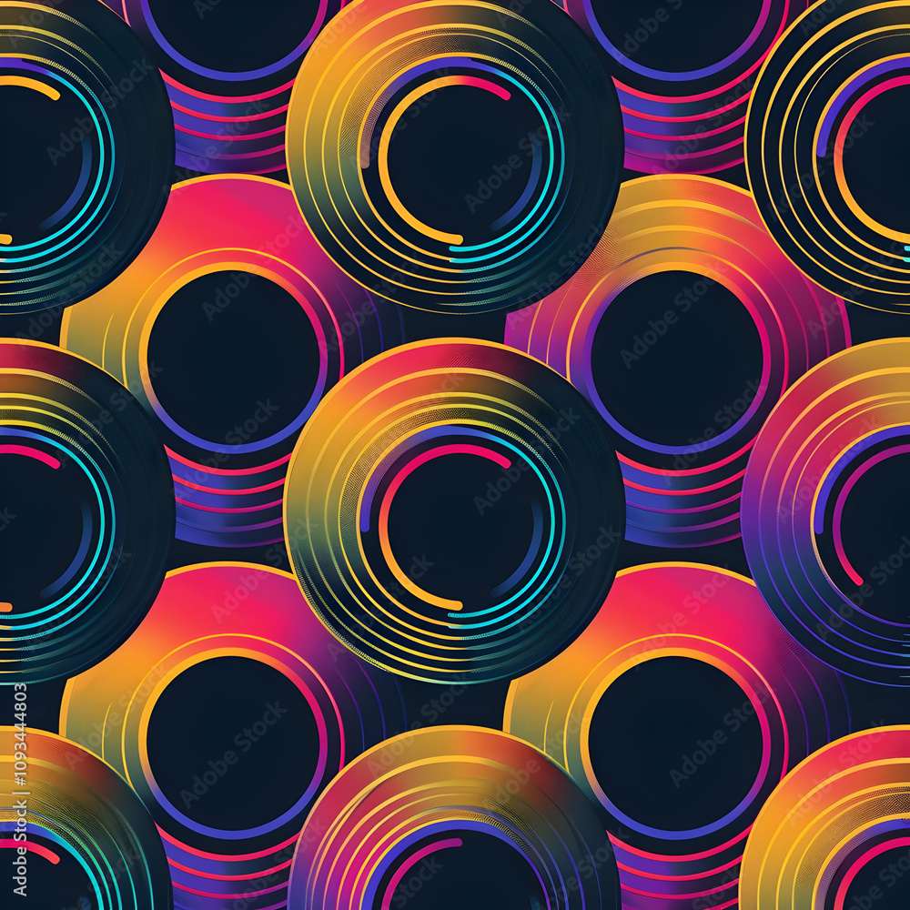 Poster a seamless pattern with digital gradient blends, where vibrant geometric shapes and circles are inte