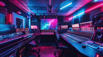 Modern music studio with colorful lighting and professional equipment.