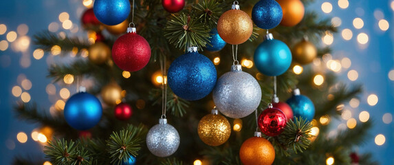 Christmas tree fir pine branches decorated with beautiful colorful baubles balls with festive blurry lights in the background. Xmas New Year winter season header design illustration.