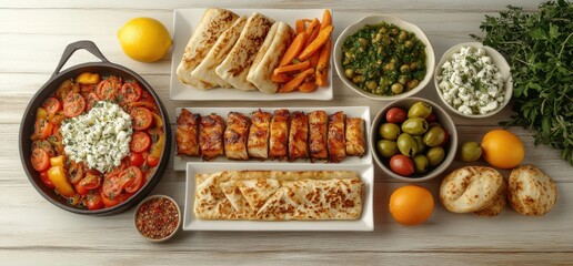Vibrant Mediterranean Feast with Roasted Vegetables, Grilled Chicken, Fresh Herbs, and Homemade Flatbreads on a Rustic Wooden Table