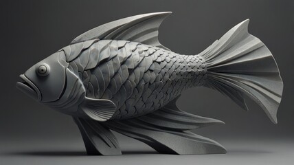 Sculptural grey fish model with detailed scales and fins, against a neutral background.