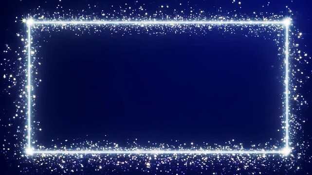 Rectangular frame made of sparkling glitter on a blue background. Ideal for festive projects, intros, outros, and social media content