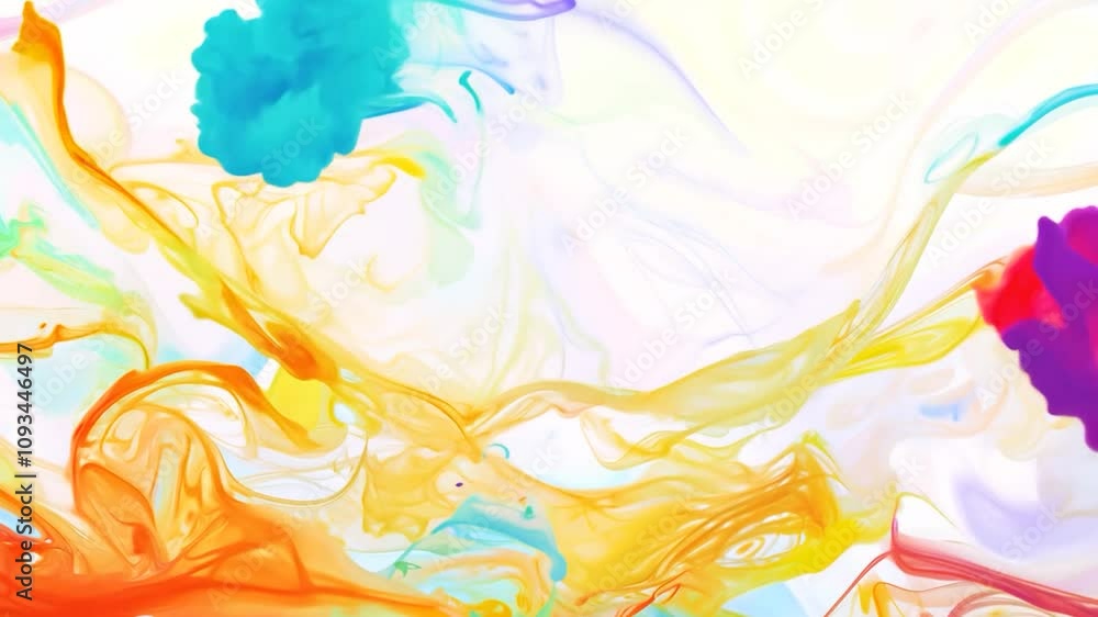 Poster colorful ink clouds are forming abstract shapes on a white background. the colors are blending and c