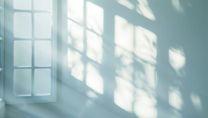 photo Realistic and minimalist blurred natural light windows, shadow overlay on wall paper texture, abstract background. Minimal abstract light white background for product presentation