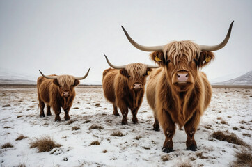 Highland Cattle in Snowy Field: Winter Serenity in a Vast Landscape