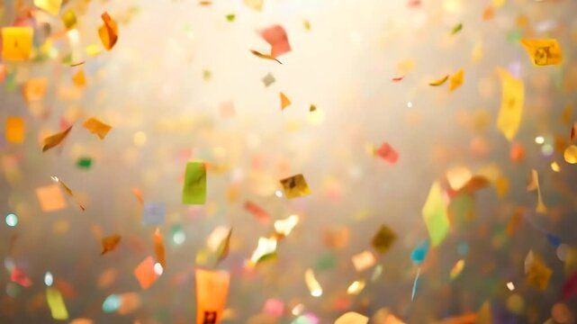 Multicolored confetti falling slowly against a bright, bokeh background. Perfect for any project needing a celebratory mood