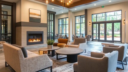 Fototapeta premium A cozy lounge with elegant seating, warm lighting, and a fireplace. The space is welcoming and designed for relaxation, perfect for socializing or quiet moments at home.