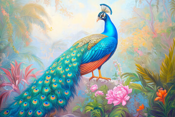 Fototapeta premium Vibrant peacock stands amid lush tropical forest scenery with colorful flowers and rich greenery during a serene morning