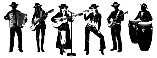 Country Band Silhouettes Set. Two singer women, one with acoustic guitar. Banjo man, electric guitar player, accordionist, percussionist. Microphone with stand is the separate object.
