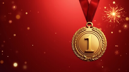 gold medal with number one for 1st place on  red festive background with confetti, Free space for text, Golden symbol of winner sport competition
