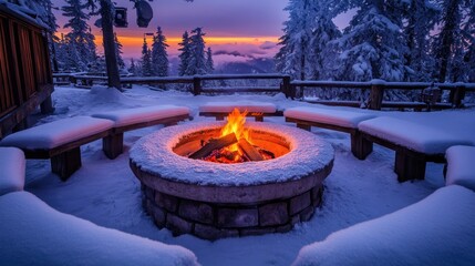 Winter Sunset Fire Pit Snow Covered Benches