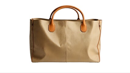 Stylish beige tote bag with brown leather handles, perfect for everyday use or travel.  High-quality material and elegant design.