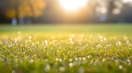 Dewdrops Glistening on Grass in Morning Sunlight