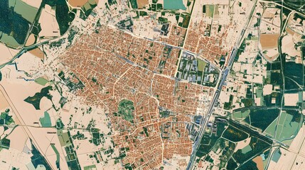 Fototapeta premium Aerial View of Urban Landscape with Detailed Layout of Buildings, Roads, and Green Spaces in a Historical City Surrounded by Agricultural Fields and Natural Areas