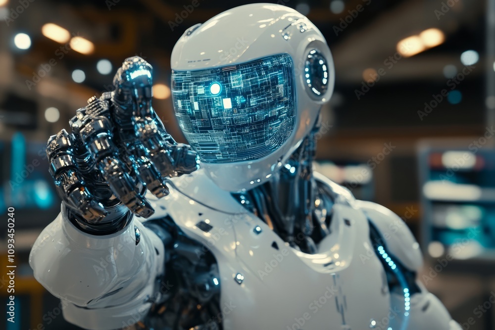 Poster a modern, futuristic robot is extending the hand to the camera. artificial machine is showing by the
