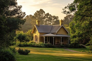 A serene country home bathed in golden sunrise light, nestled among lush greenery.