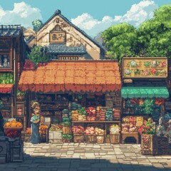 Fototapeta premium Pixel art market scene shows stalls with colorful goods. Shopkeepers sell wares. Sunny day in traditional town. People browse. Digital art style looks like retro video game. Ideal for game dev, pixel