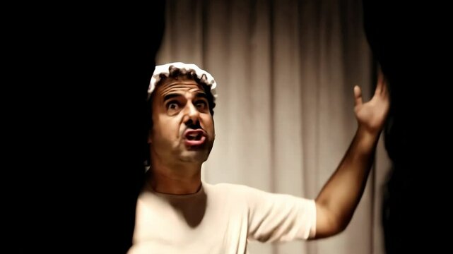 Spying a man in shower cap performing exaggerated singing and gesturing theatrically behind curtain. Candid comedic moment of authentic expression with theatrical flair.
