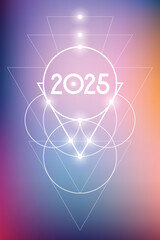 Sacred geometry New Year 2025 festive greeting card. Esoteric Holiday design on cosmic background for spirituality related event or calendar