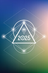Sacred geometry New Year 2025 festive greeting card. Esoteric Holiday design on cosmic background for spirituality related event or calendar