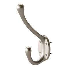 A silver metal hook is attached to a wall