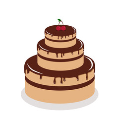  a large three-story cake in chocolate icing with cherries on top