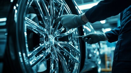 Service worker hands inspecting a luxury car's wheel in an auto workshop