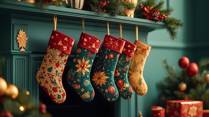 Advent calendar partially opened styled on a cozy mantle near stockings with vibrant festive tones and accents