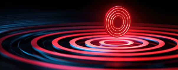 A vibrant red circle emits waves, creating concentric rings against a dark backdrop, symbolizing energy and motion.