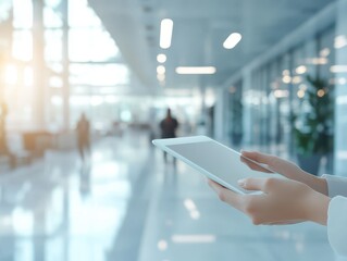 A person holding a tablet in a modern, bright office environment.