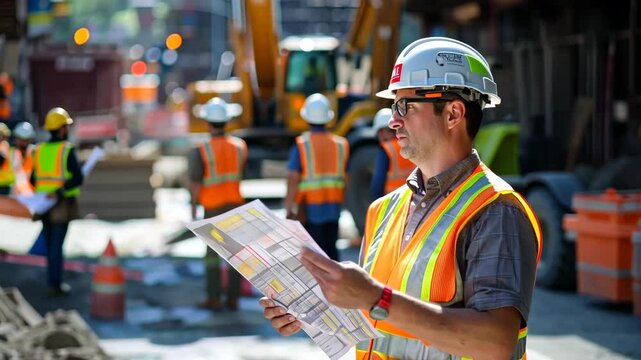 Construction manager reviewing blueprints at urban site with workers and machinery in background
