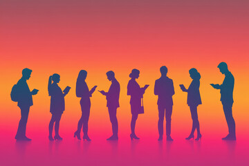 Silhouetted Business People Using Technology - Diverse professionals using tablets and smartphones against a vibrant sunset gradient.  Symbolizing connection, technology, innovation, teamwork, and fut