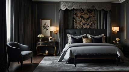 Luxurious dark gray and gold bedroom interior with tufted headboard, canopy, and elegant furniture.