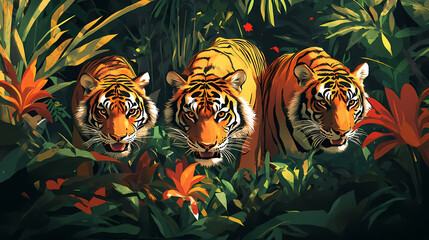 The image shows three tigers in a lush green jungle with red and orange flowers. Jungle Tiger Chase. Illustration