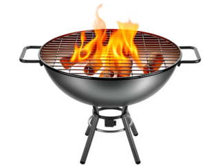 Ready to grill!  A charcoal barbecue glows with vibrant flames, isolated on transparent white background.