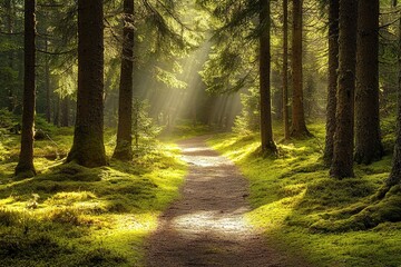 Fototapeta premium Sunlight filters through forest trees on a serene path