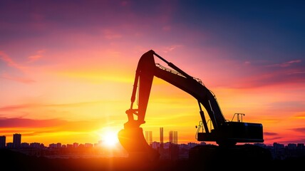 A silhouette of an excavator against a vibrant sunset, showcasing the machinery's importance in construction and urban development.