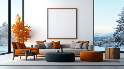 Cozy winter living room with modern furniture and scenic snowy view relaxing environment contemporary design concept for home decor enthusiasts