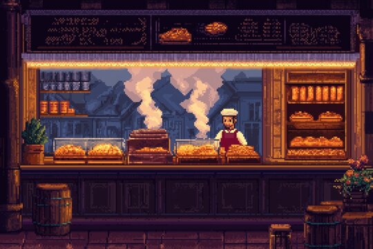 Quaint pixel art bakery at night. Steaming pastries and glowing displays. Friendly baker works behind counter. Scene evokes cozy atmosphere. Pixelated style enhances nostalgic feel.